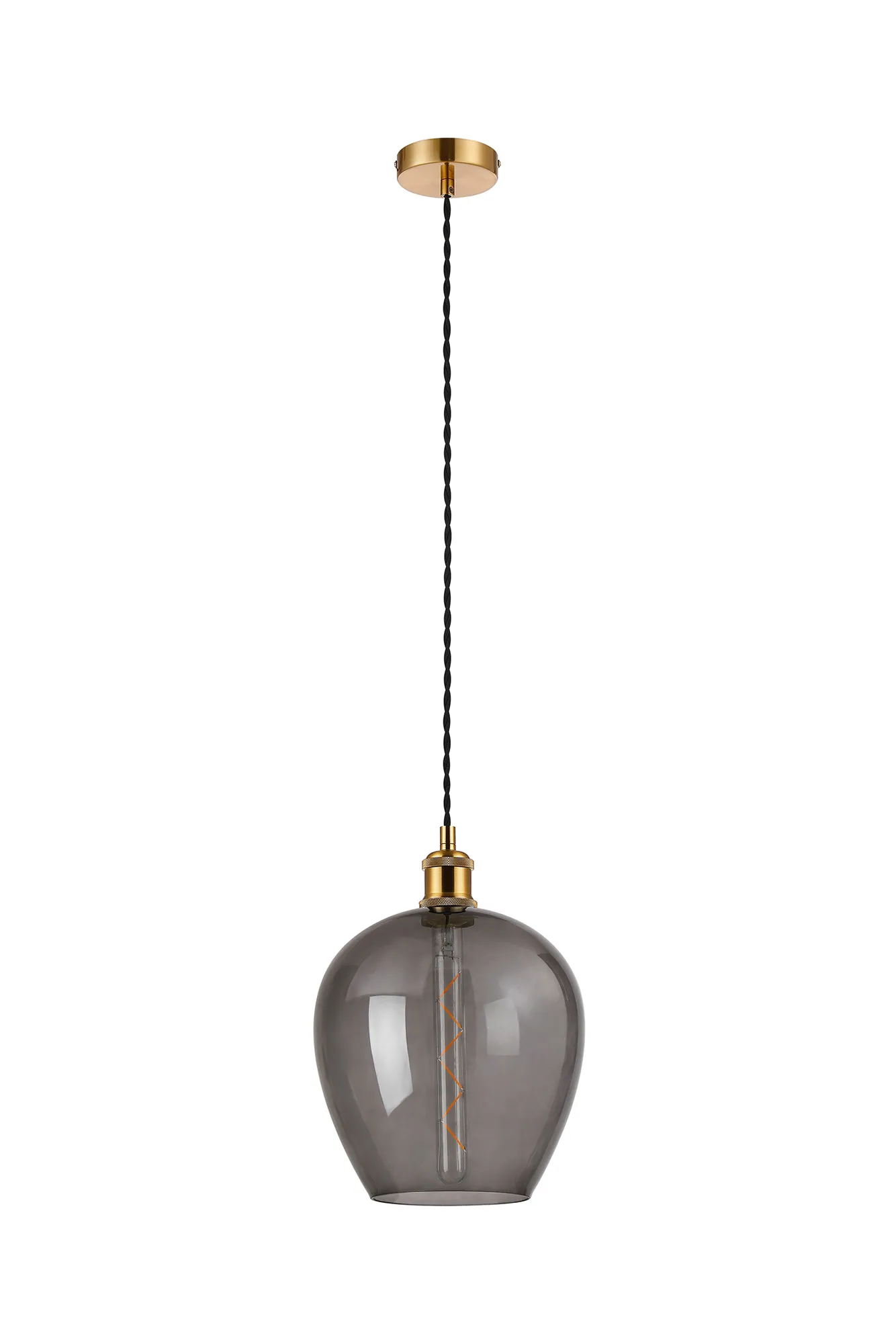 Cawdor Single Pendant, 1 Light E27, Gilt Bronze/Black/Smoke Wine Glass DK1110  Deco Cawdor